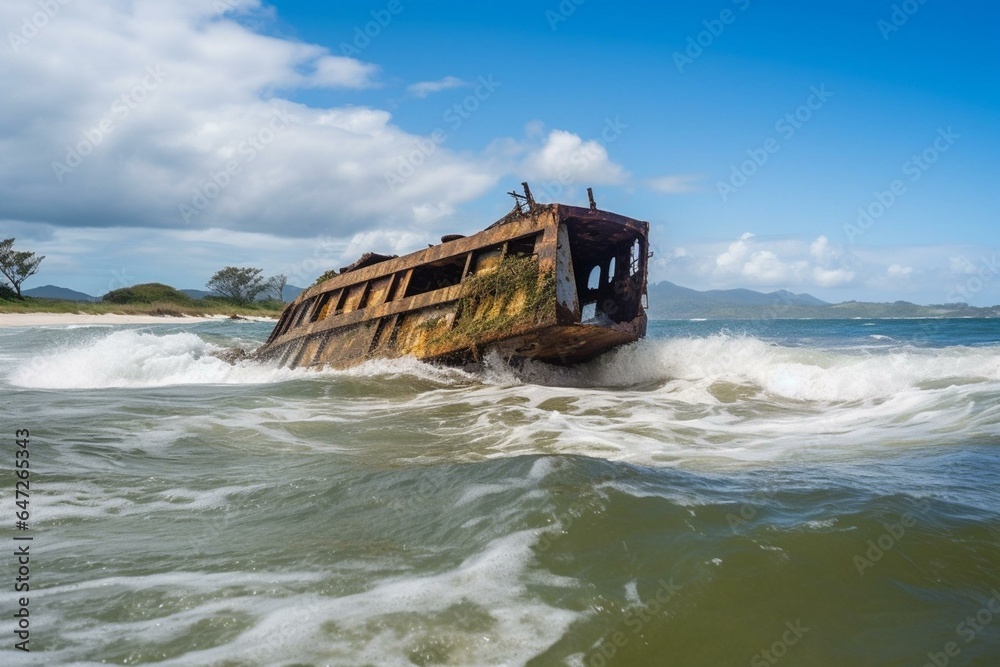 Destructive shipwreck in turbulent waters, Tamarindi Lake, South America. Generative AI