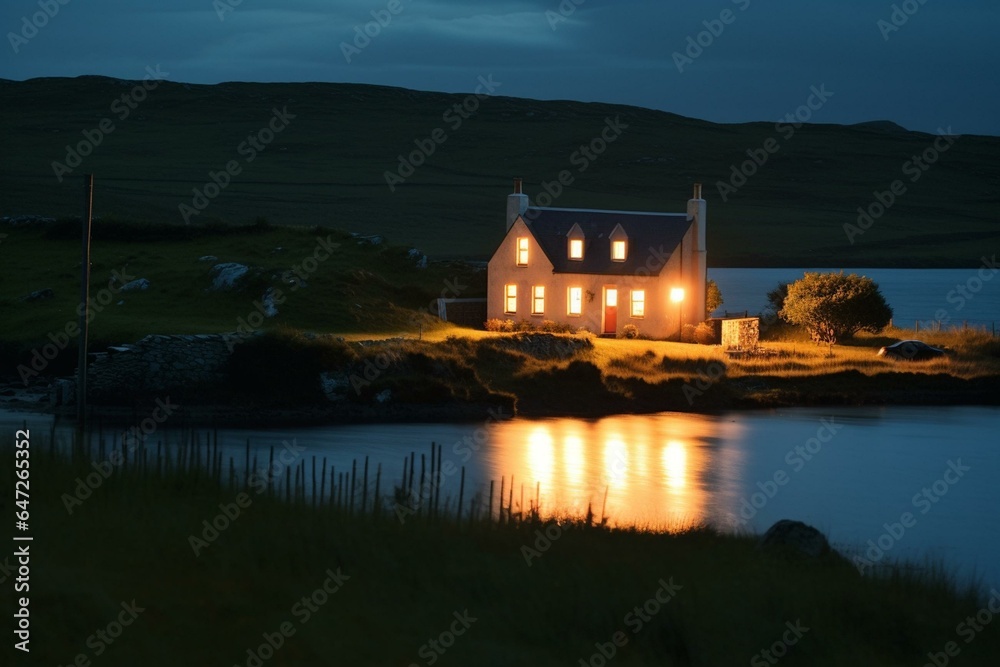 Nighttime Irish countryside with lakefront house. Generative AI