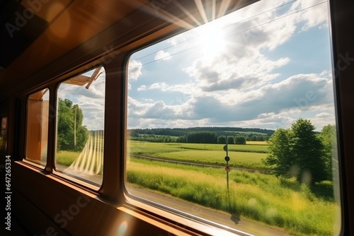 Sunny summer day view from modern train window; traveling comfortably in carriage. Generative AI
