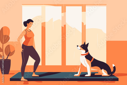 Mid aged woman doing yoga exercises at home together with dog. Morning routine, healthy lifestyle, selfcare, vector illustration.