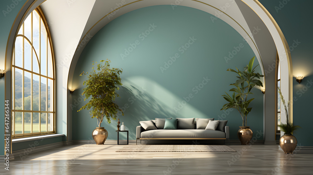  Interior of modern living room with brass coffee table and white armchair, empty wall with turquoise arch. Home design - obrazy, fototapety, plakaty 