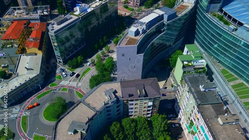 Aerial view of Milan city skyline.  the modern urban landscape of business buildings. Aerial footage showing new skyscrapers. POV. Palazzo Regione Lombardia. Milan Italy 01.10.2023 photo