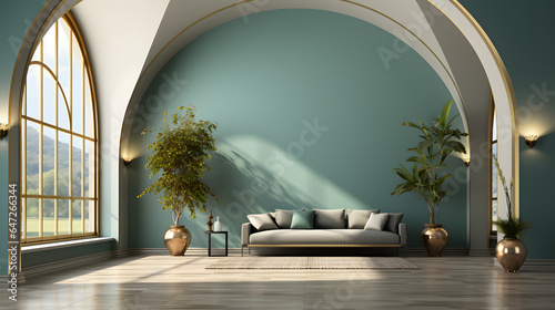  Interior of modern living room with brass coffee table and white armchair, empty wall with turquoise arch. Home design photo