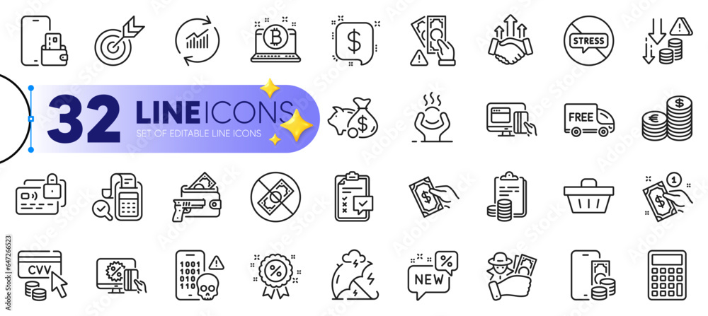 Outline set of Currency, Pay money and Cyber attack line icons for web with Checklist, Free delivery, Accounting thin icon. Bitcoin, Bill accounting, Discount pictogram icon. Cvv code. Vector