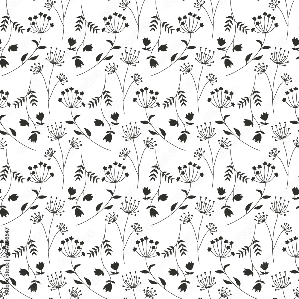 Monochrome seamless pattern with black wild flowers silhouettes on white background. Vintage ditsy floral repeat pattern. Monochrome seamless pattern with black wild flowers silhouettes on white background. Vintage ditsy floral repeat pattern.