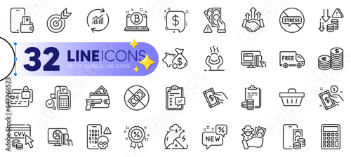 Outline set of Currency, Pay money and Cyber attack line icons for web with Checklist, Free delivery, Accounting thin icon. Bitcoin, Bill accounting, Discount pictogram icon. Cvv code. Vector