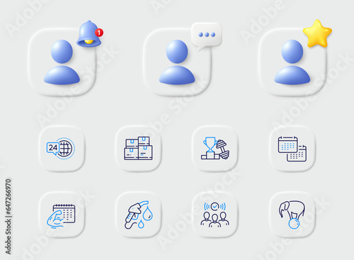 Elephant on ball, Squad and Petrol station line icons. Placeholder with 3d star, reminder bell, chat. Pack of Wholesale inventory, Fitness calendar, Calendar icon. Vector