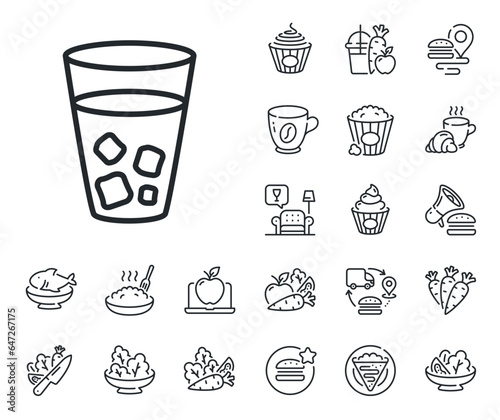 Soda drink sign. Crepe, sweet popcorn and salad outline icons. Ice tea line icon. Fresh cold beverage symbol. Ice tea line sign. Pasta spaghetti, fresh juice icon. Supply chain. Vector