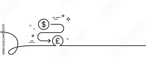Money transfer line icon. Continuous one line with curl. Cash exchange sign. Dollar to Pound change symbol. Money transfer single outline ribbon. Loop curve pattern. Vector