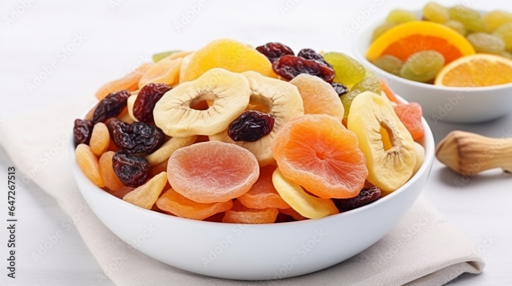 Bowl of dried fruits mix isolated on white background. Top view Bowl of dried fruits mix isolated on white background. Top view