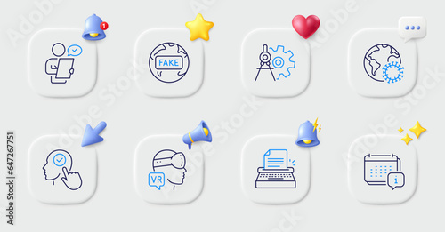 Typewriter, Coronavirus and Calendar line icons. Buttons with 3d bell, chat speech, cursor. Pack of Fake news, Select user, Customer survey icon. Augmented reality, Cogwheel dividers pictogram. Vector