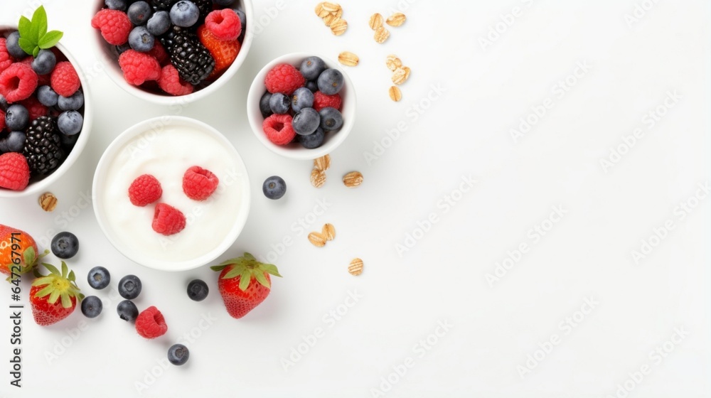 bowls of breakfast cereal with milk and berries isolated on white background, top view