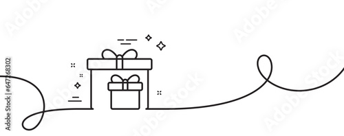 Gift boxes line icon. Continuous one line with curl. Present or Sale sign. Birthday Shopping symbol. Package in Gift Wrap. Delivery boxes single outline ribbon. Loop curve pattern. Vector
