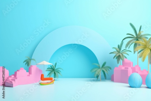 Lively summer scene with empty center, pastel blue backdrop for creative layouts. Generative AI