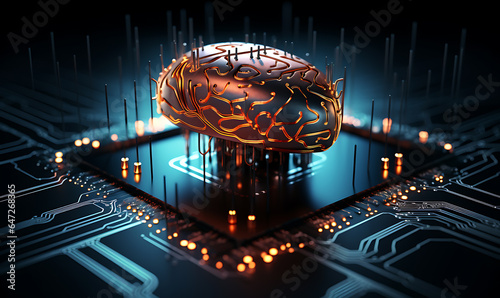 Brain chipset networking on center robotic brain Artificial Intelligent, networking, IT engineering, future concept design, blue technology, networking, black background Ai image generative w photo