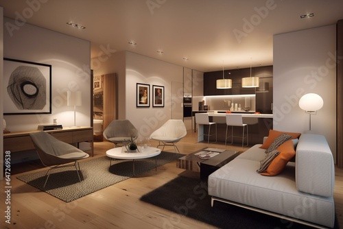 Modern apartment with 3D portrayal of the lounge. Generative AI © Daniel