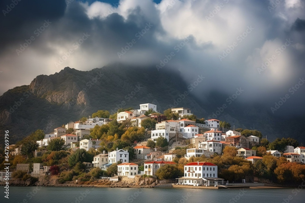Scenic village Tepeköy, Gökçeada island, Aegean Sea, stunning mountain view, cloud clusters. Generative AI