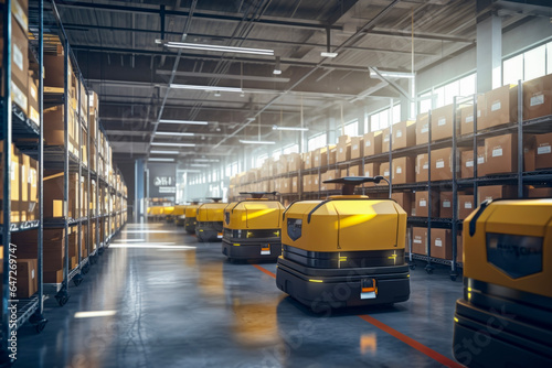 Close up of automation and robots in shipping warehouse for e-commerce and online shopping. Background of neatly arranged and piled cardboard. Industrial and commercial logistic concept.