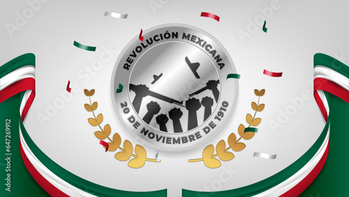 Revolución Mexicana, 20 de noviembre de 1910 greeting with silver plate, national flag colors, and confetti
