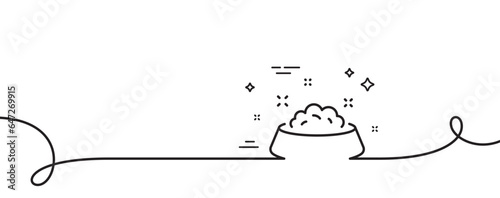 Dog feeding line icon. Continuous one line with curl. Pets food sign. Pet bowl symbol. Dog feeding single outline ribbon. Loop curve pattern. Vector