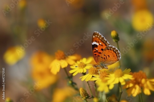 Butterfly on flower in summer background. Female butterflies in autumn landscape. Generative AI © Raul