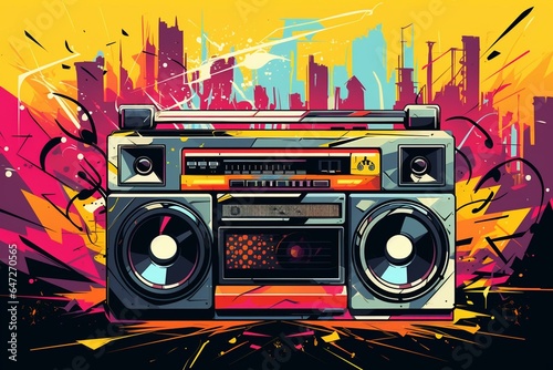 Illustration of a boombox on a graphical background, representing a portable stereo. Evoking the energetic style of urban parties in the 80s era. Generative AI
