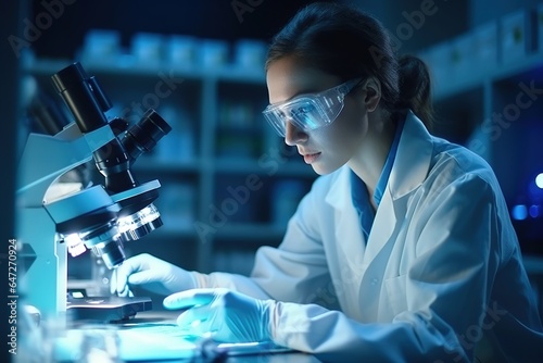 A female scientist looking through microscope