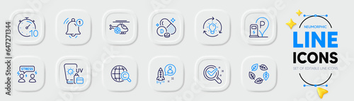 Startup, Reminder and Charging station line icons for web app. Pack of Idea, Timer, Medical helicopter pictogram icons. Difficult stress, Sunscreen, International copyright signs. Vector