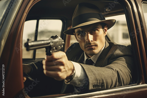 man in a hat and mask pointing his gun out of the window of car