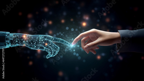 Touching of robot and human finger. Machine learning concept