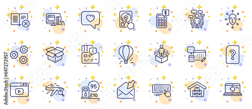 Outline set of Wholesale goods, Card and Voting campaign line icons for web app. Include Seo laptop, Open mail, Petrol station pictogram icons. Account, Augmented reality, Air balloon signs. Vector
