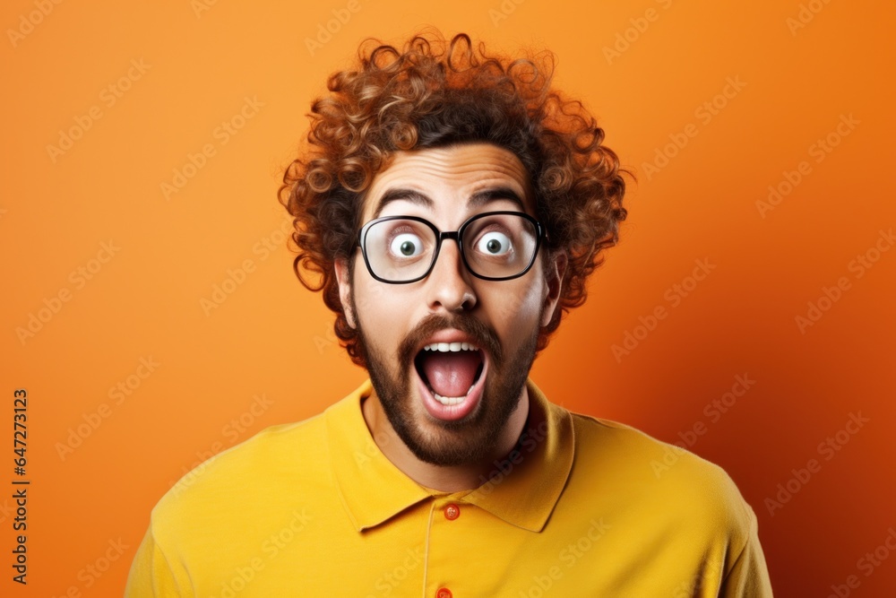 A man with a surprised look on his face, expressing shock or astonishment. Suitable for illustrating surprise, disbelief, or unexpected reactions. Can be used in various contexts, such as humor, react