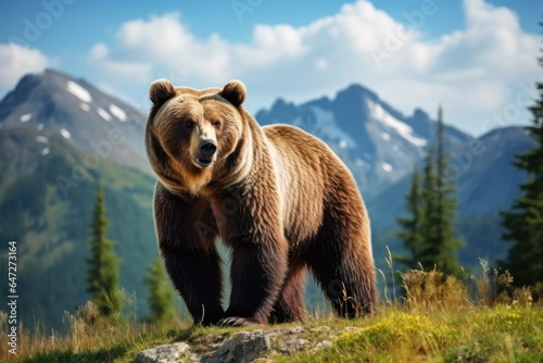 A large brown bear standing proudly on top of a lush green hillside. This image can be used to depict wildlife, nature, or the beauty of the great outdoors.