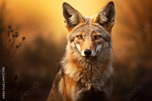 A close up photograph of a wolf in a field. This picture captures the details of the wolf's fur and expression. Perfect for nature and wildlife enthusiasts.