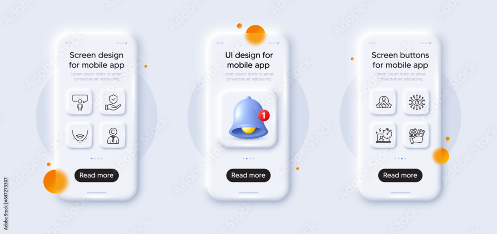 Buying house, Human rating and Artificial intelligence line icons pack. 3d phone mockups with bell alert. Glass smartphone screen. Insurance hand, Copyrighter, Chin web icon. Vector Buying house, Human rating and Artificial intelligence line icons pack. 3d phone mockups with bell alert. Glass smartphone screen. Insurance hand, Copyrighter, Chin web icon. Vector