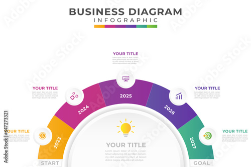 Business presentation infographic half circle timeline diagram 5 stages