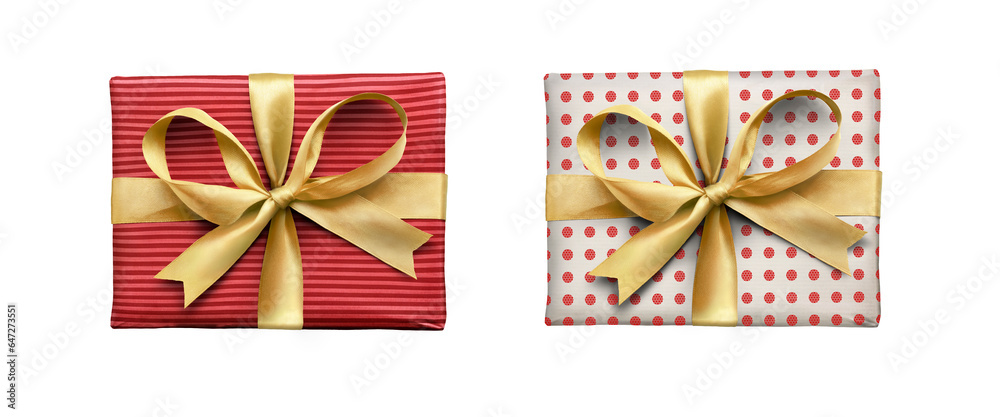 A top view of two Christmas or birthday presents from above with gold ribbon bows with red stripped and spotted patterns on the wrapping paper isolated against a transparent background.