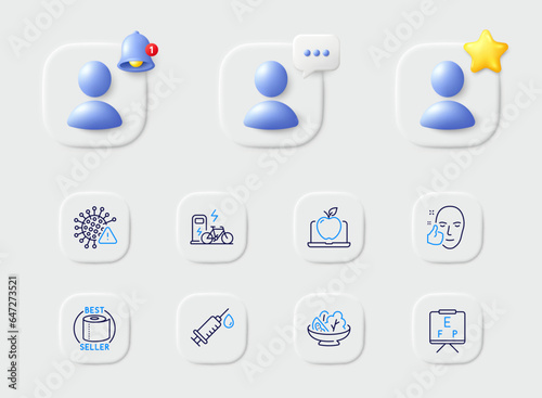 Toilet paper, Covid virus and Salad line icons. Placeholder with 3d star, reminder bell, chat. Pack of Electric bike, Vision board, Healthy face icon. Medical syringe, Laptop pictogram. Vector