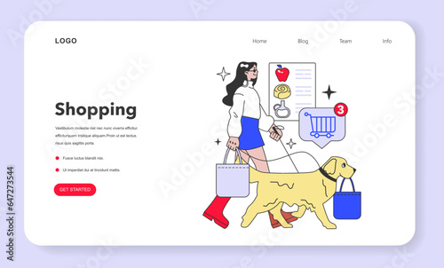 Blind girl shopping with a guide dog web banner or landing page. Character
