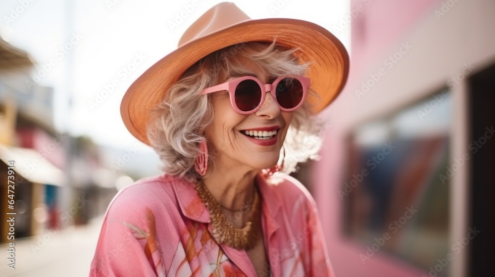 Portrait of happy senior woman in hat and glasses.