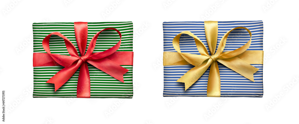 A top view of two Christmas or birthday presents from above with gold and red ribbon bows with a green and blue stripped patterns on the wrapping paper isolated against a transparent background.