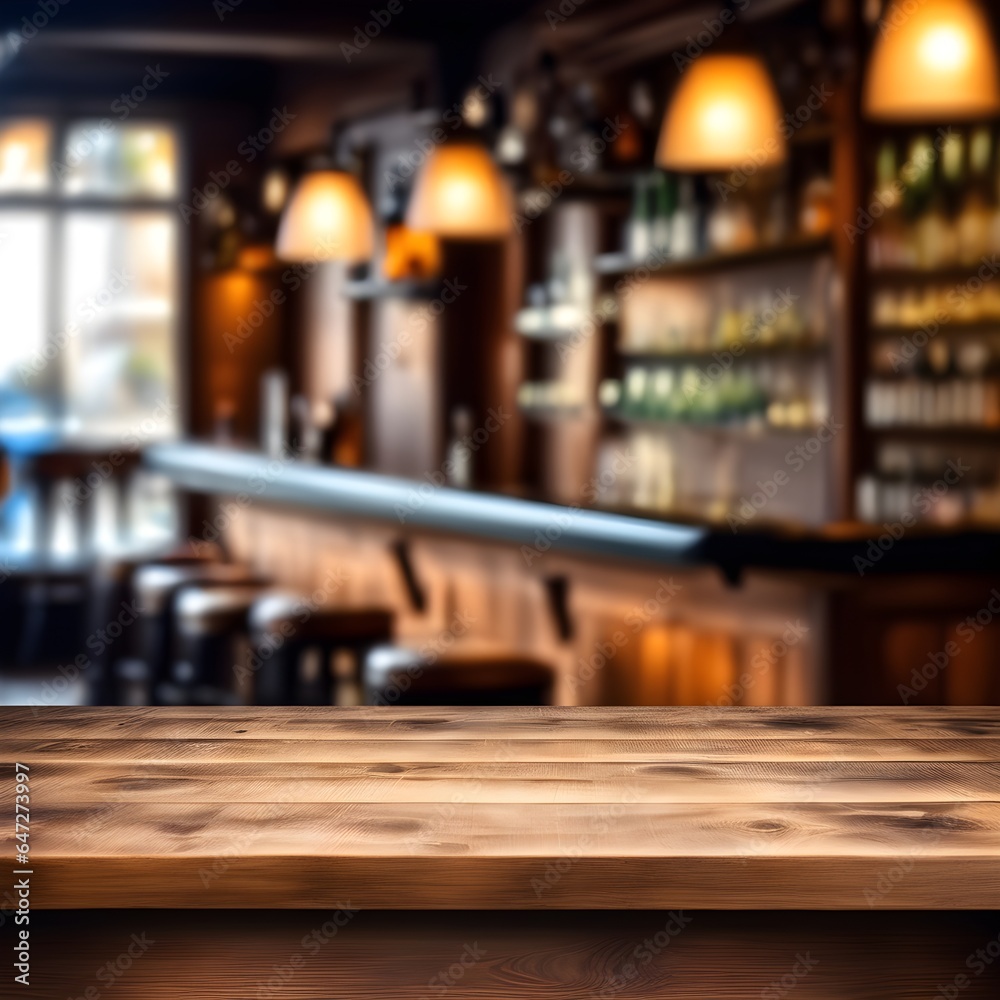 Empty wooden pub table and blurred pub background
