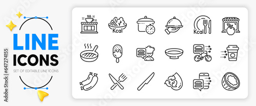 Dish, Calories and Boiling pan line icons set for app include Sausage, Food, Recycle water outline thin icon. Ice cream, Restaurant food, Table knife pictogram icon. Coffee delivery. Vector