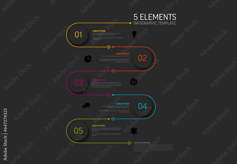 Dark infographic template with five circle step items elements Stock ...