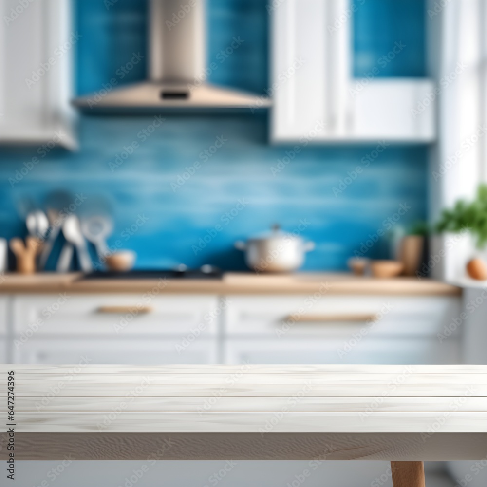Empty kitchen table and blurred kitchen background Empty kitchen table and blurred kitchen background