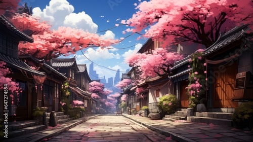 Idyllic Old Japan Street in Spring  Cherry Blossoms