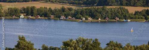 Panoramic view to lake cottages at the village of Krakow am See from the  J  rnberg view point.