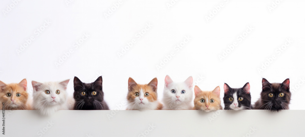 Cute different of cats peeking on isolated white background, with copy space, blank for text ads, and graphic design.