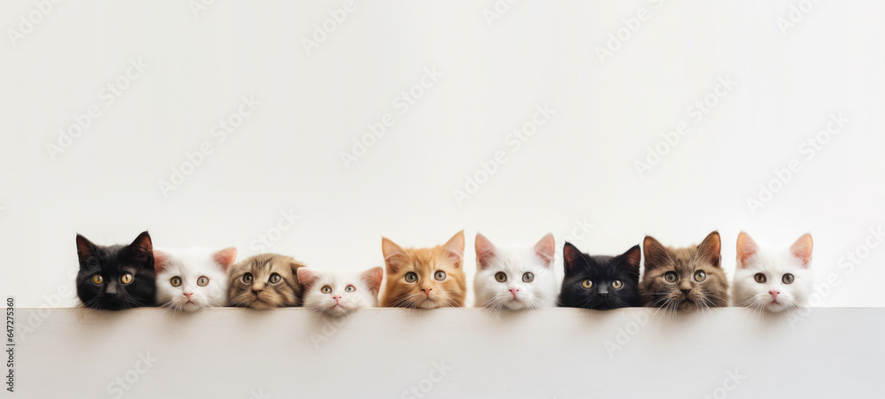 Cute different of cats peeking on isolated white background, with copy space, blank for text ads, and graphic design. Cute different of cats peeking on isolated white background, with copy space, blank for text ads, and graphic design.