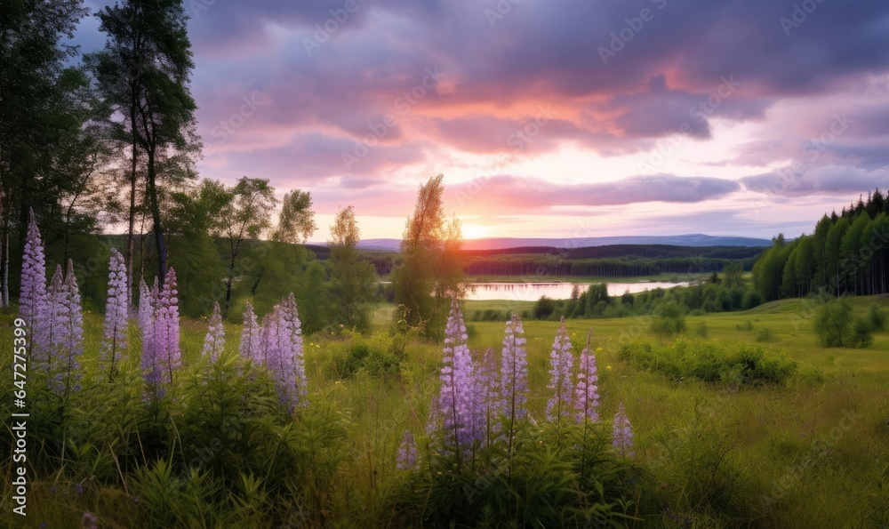 Sunset or sunrise on a hill with purple wild lupines and wildflowers, birches and cloudy sky in summer, Generative AI